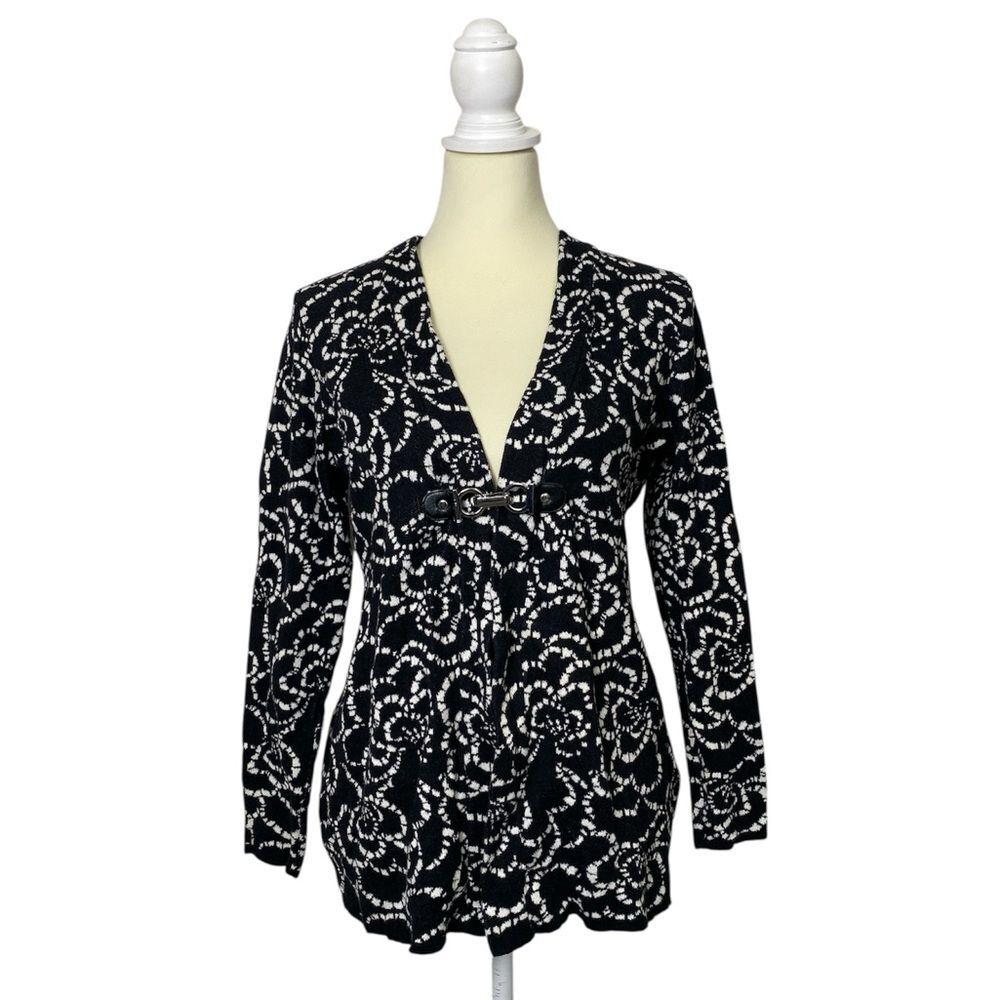 Charter Club Petite Black White Patterned Cardigan Sweater Toggle Clasp Size P/L